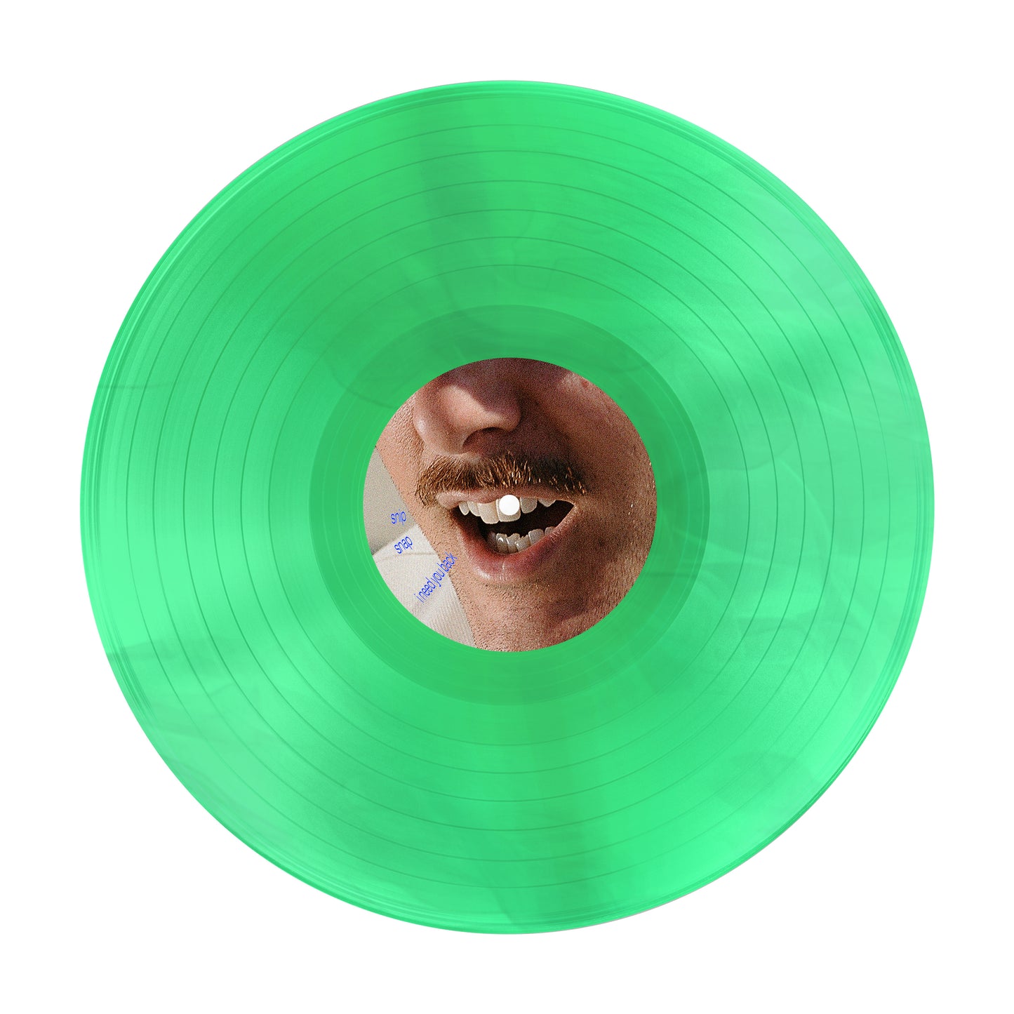 Halfnoise presents a translucent green gatefold vinyl LP featuring a close-up of a mouth and mustache on the center label. Preorder this vinyl now—releases November 17.