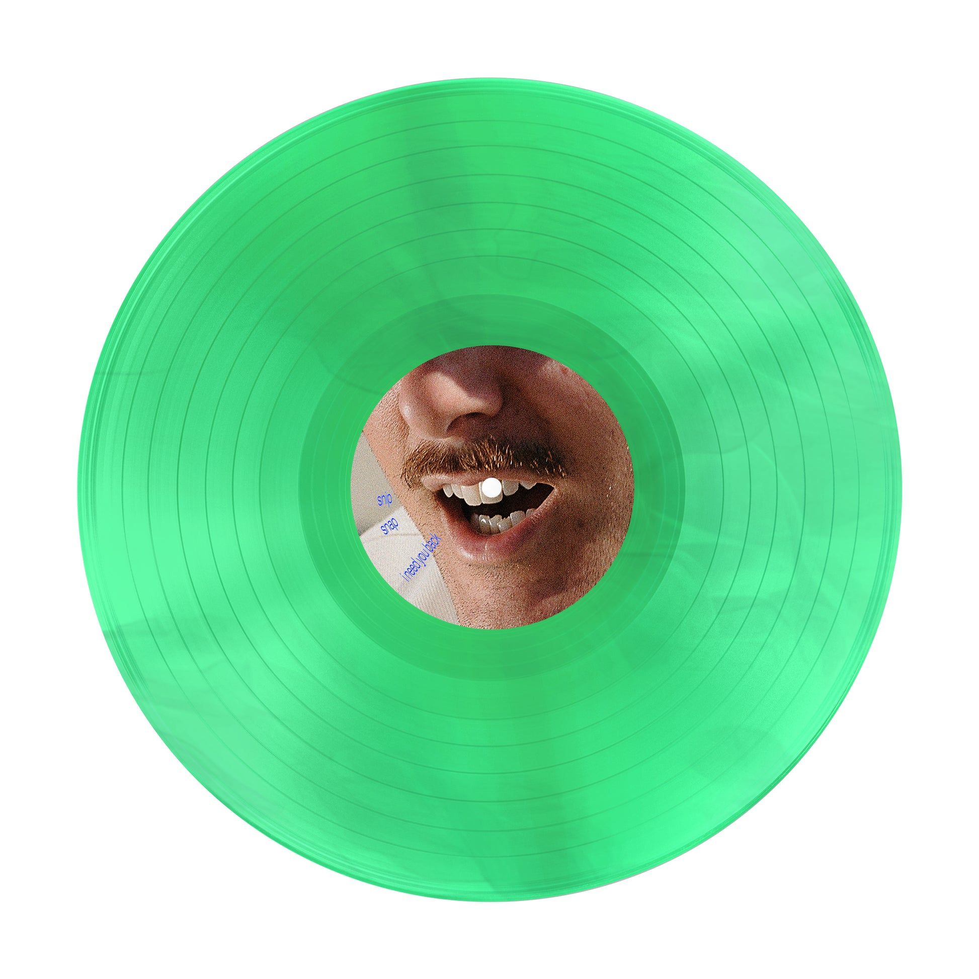 Halfnoise presents a translucent green gatefold vinyl LP featuring a close-up of a mouth and mustache on the center label. Preorder this vinyl now—releases November 17.