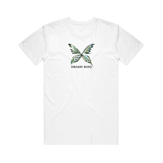 Elke’s white t-shirt, crafted from 100% cotton, showcases a green and blue butterfly graphic centered above DREAM BODY in black. Unisex sizing offers a comfortable fit for all.