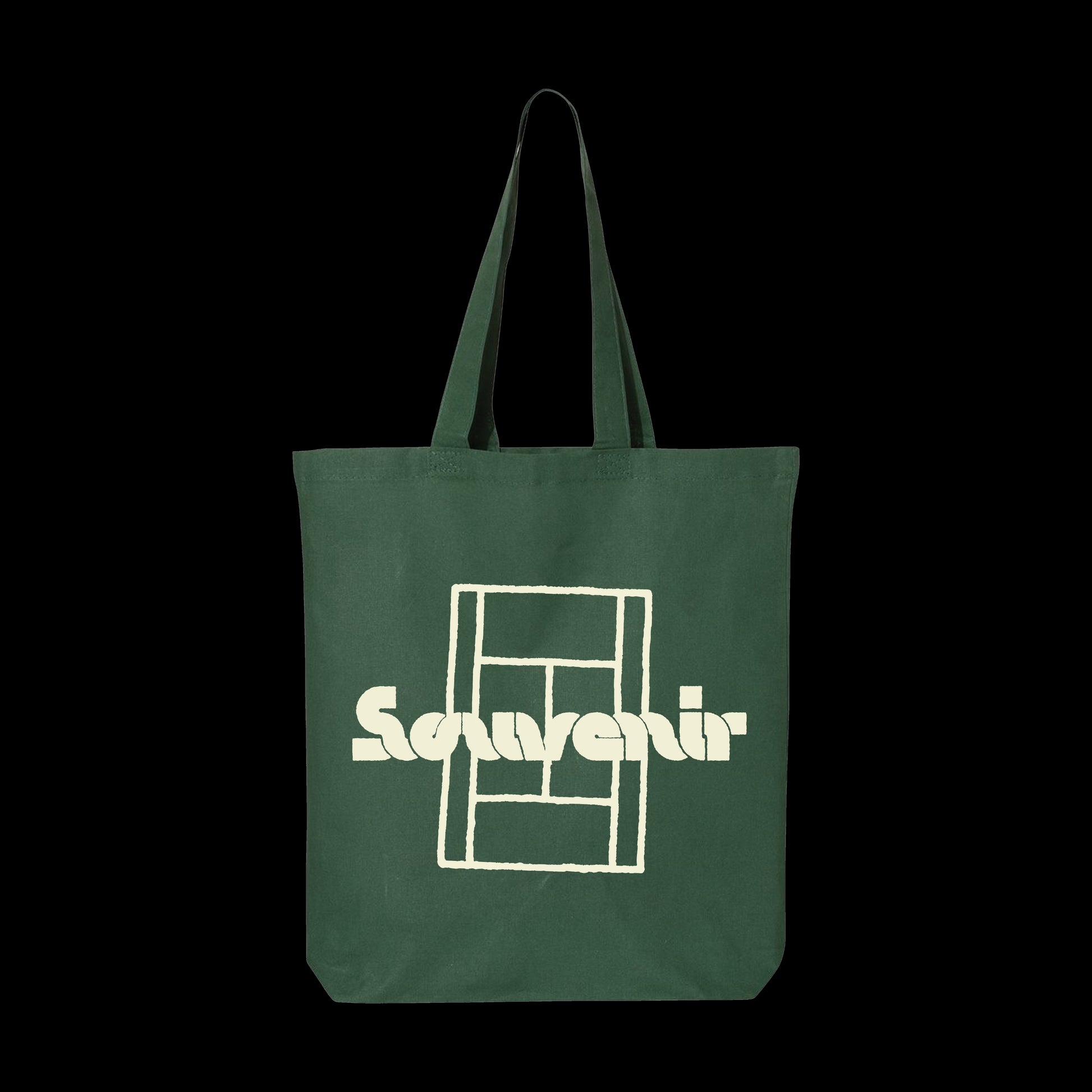 A dark green 100% cotton tote bag with two handles, featuring a bold white graphic and the word Souvenir on the front—an economical tote from the brand Souvenir.