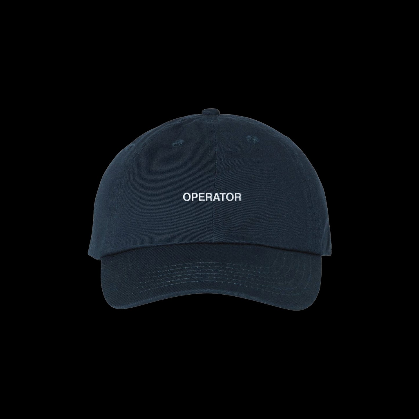 A black Zac Farro Operator Hat features OPERATOR embroidered in white uppercase letters on the front—perfect as a Navy Dad Hat for a bold, minimalist style.