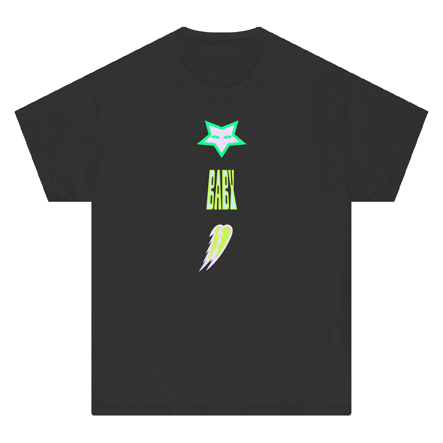 Halfnoise black Comfort Colors tee with neon green and pink star with eyes, BABY in bold yellow-green letters, and a stylized lightning bolt centered on the front.