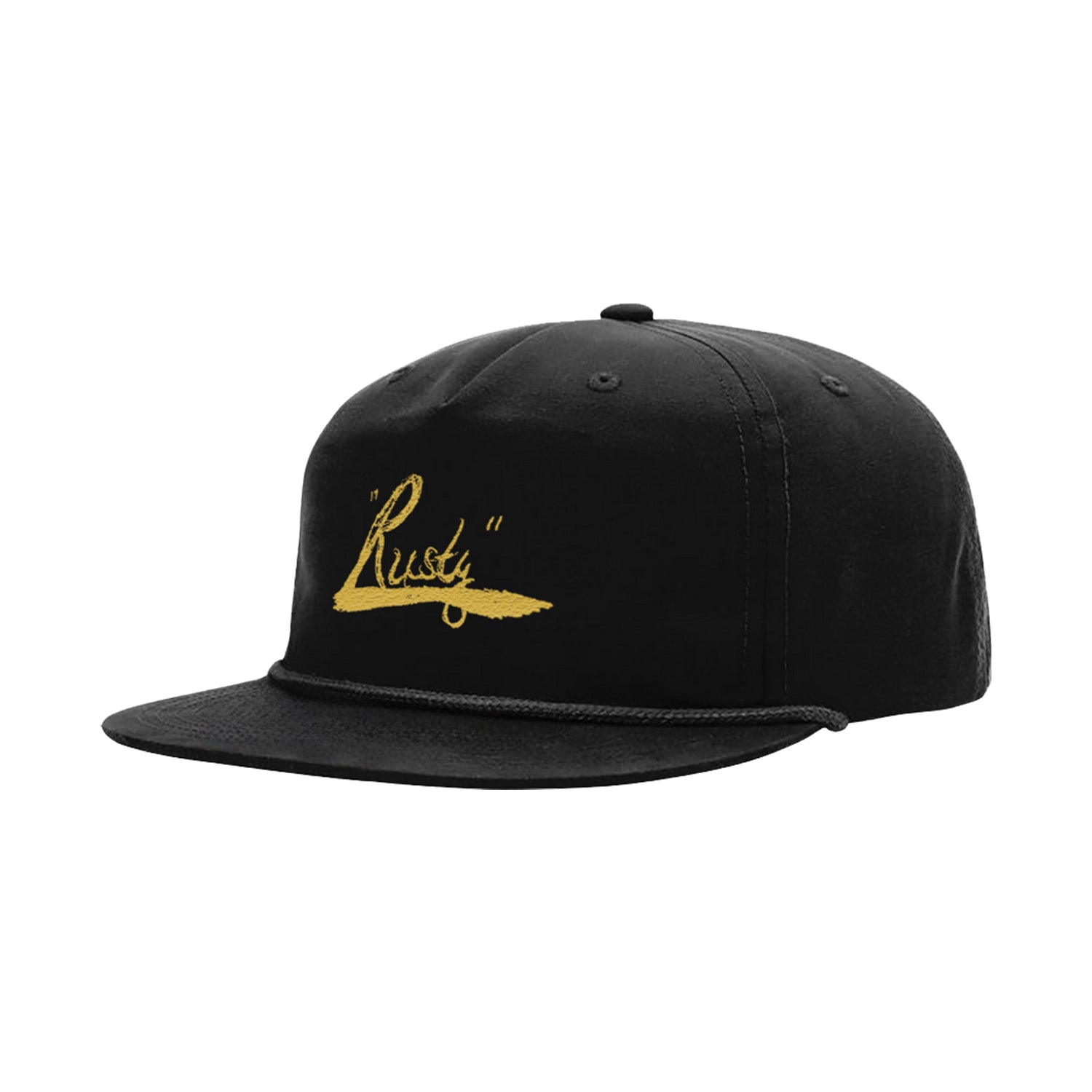 A black Rusty Williams 5-Panel Hat features a flat brim, Rusty embroidered in yellow script on the front, and an adjustable snapback closure for a perfect fit.