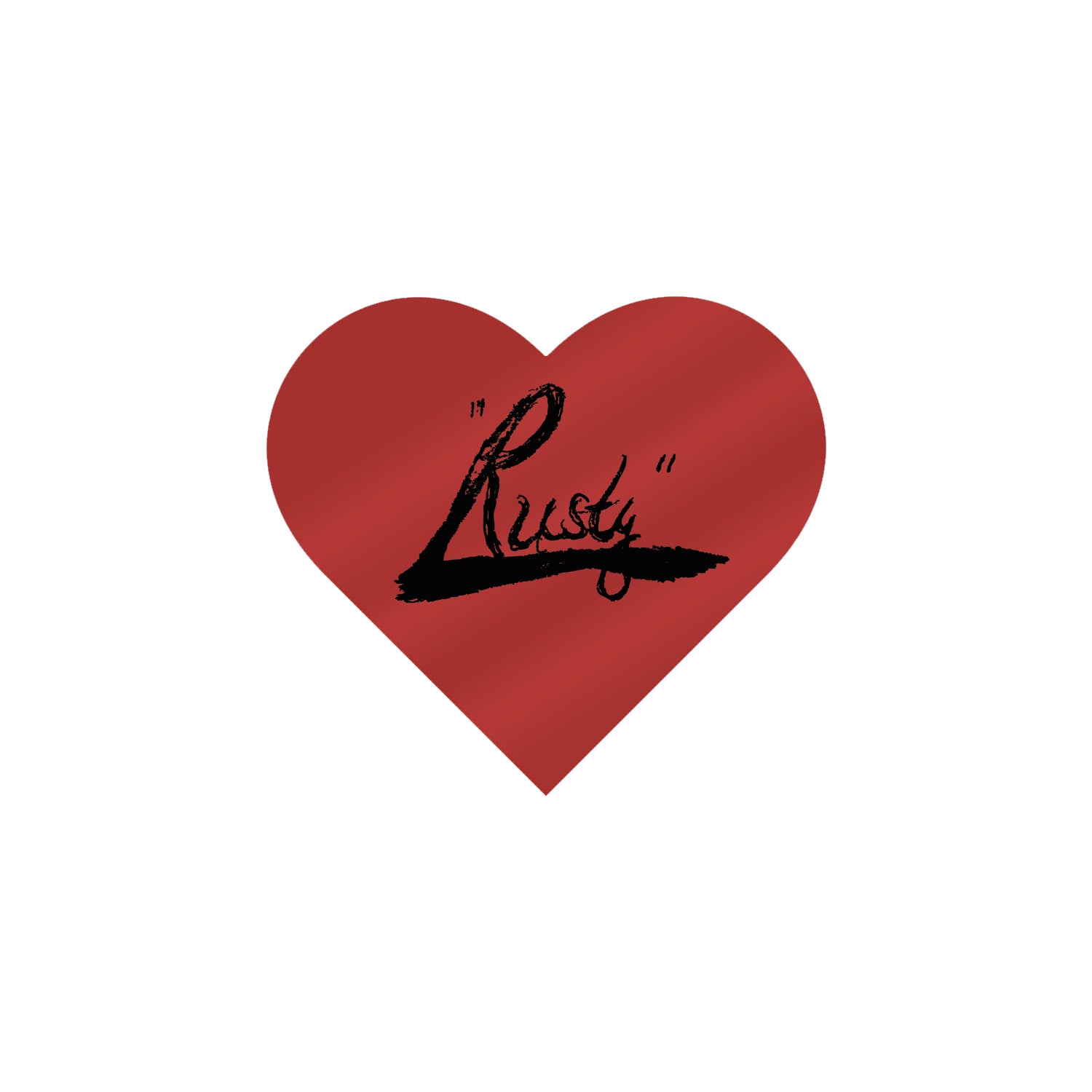 A bold red heart with Rusty Williams in black script decorates this 3-inch vinyl sticker, set on a plain white background for a striking effect.