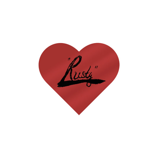 A bold red heart with Rusty Williams in black script decorates this 3-inch vinyl sticker, set on a plain white background for a striking effect.