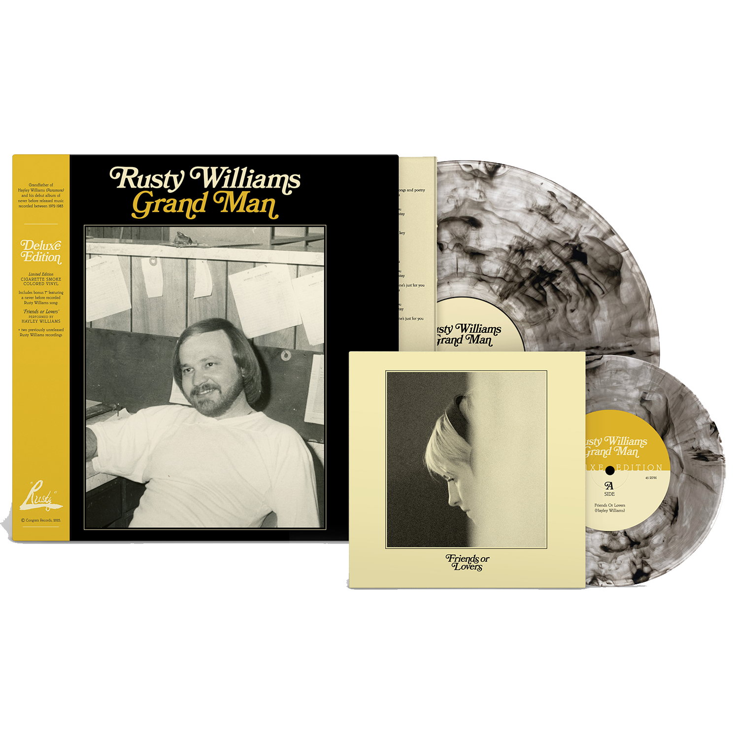 Rusty Williams deluxe vinyl edition of Grand Man features a black-and-white cover, marble-patterned records, a bonus record with a close-up side profile, and includes the standout track "Riverboat Gambler.