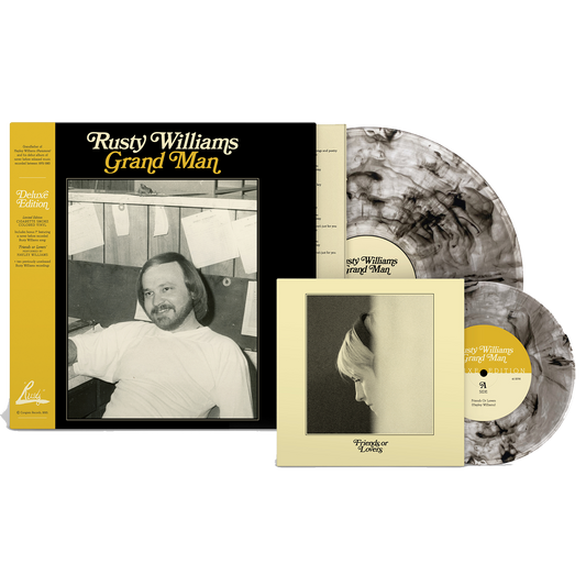 Rusty Williams deluxe vinyl edition of Grand Man features a black-and-white cover, marble-patterned records, a bonus record with a close-up side profile, and includes the standout track "Riverboat Gambler.