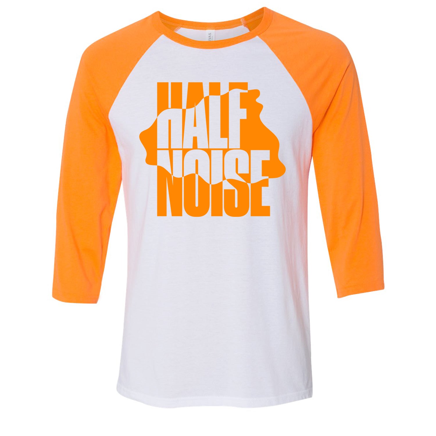 image of a white and orange sleeved baseball tee shirt on a white background. tee has center print in orange and white, in a wave like design that says half noise.