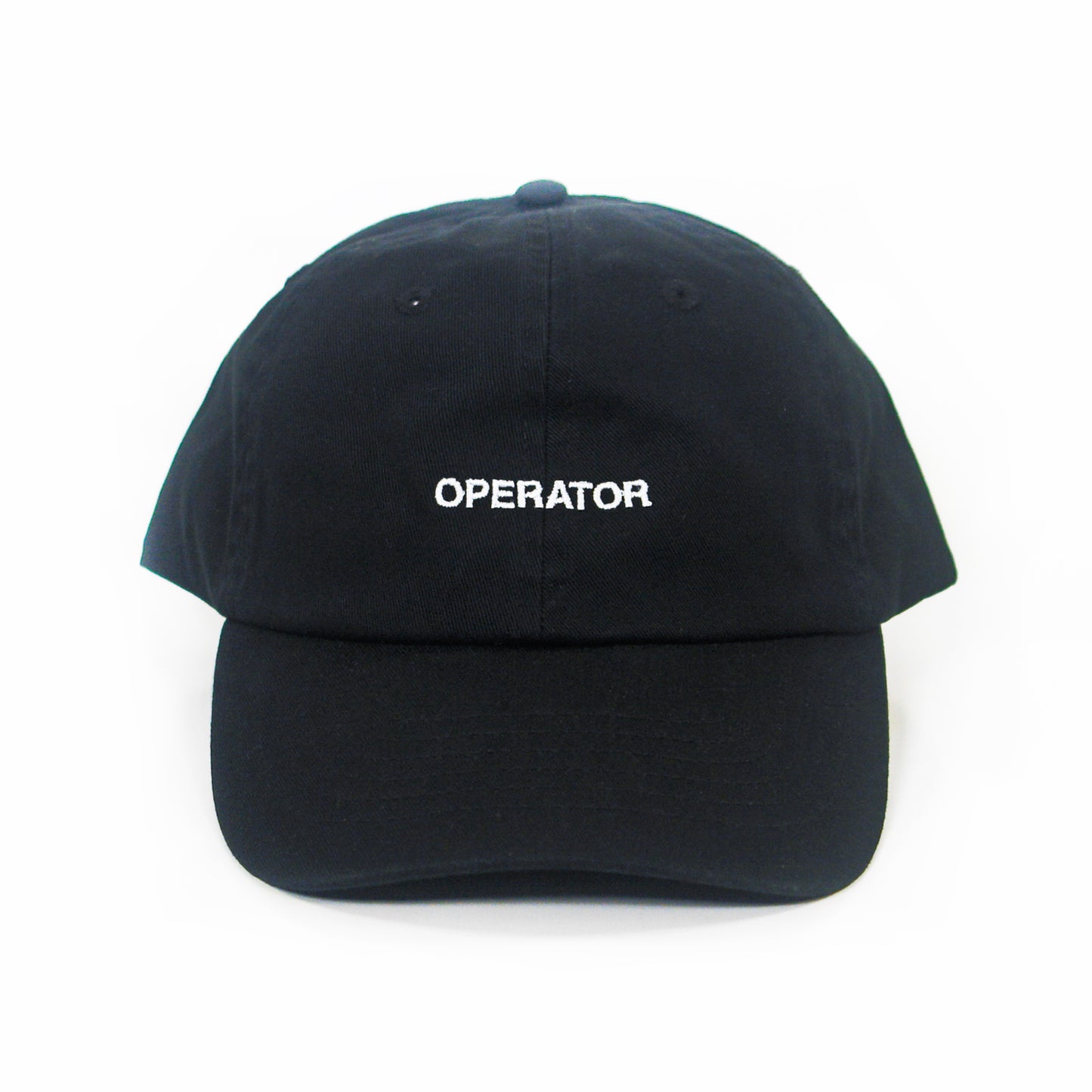 A black cotton chino twill dad hat by Zac Farro, featuring "OPERATOR" embroidered in white uppercase letters on the front, displayed against a plain white background.