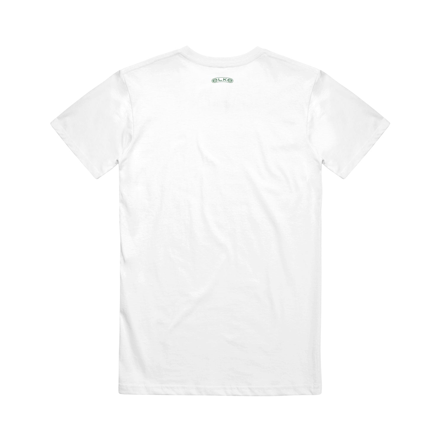 A plain white unisex short-sleeve t-shirt by Elke, shown from the back with a small green and white rectangular logo near the neckline. Made from soft 100% cotton for all-day comfort.