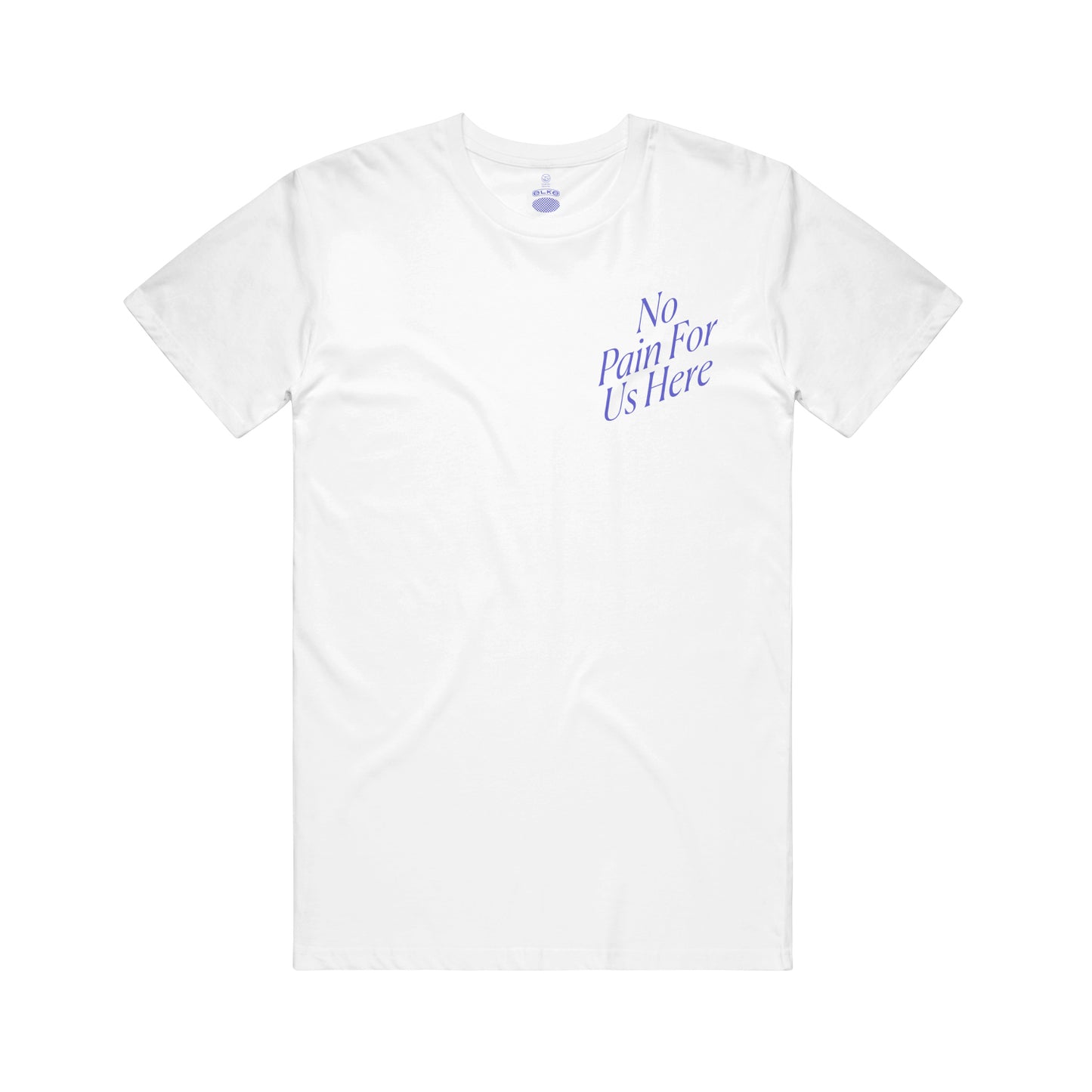 image of the front of a white tee shirt on a white background. tee has a small right chest print in purple that says no pain for us here