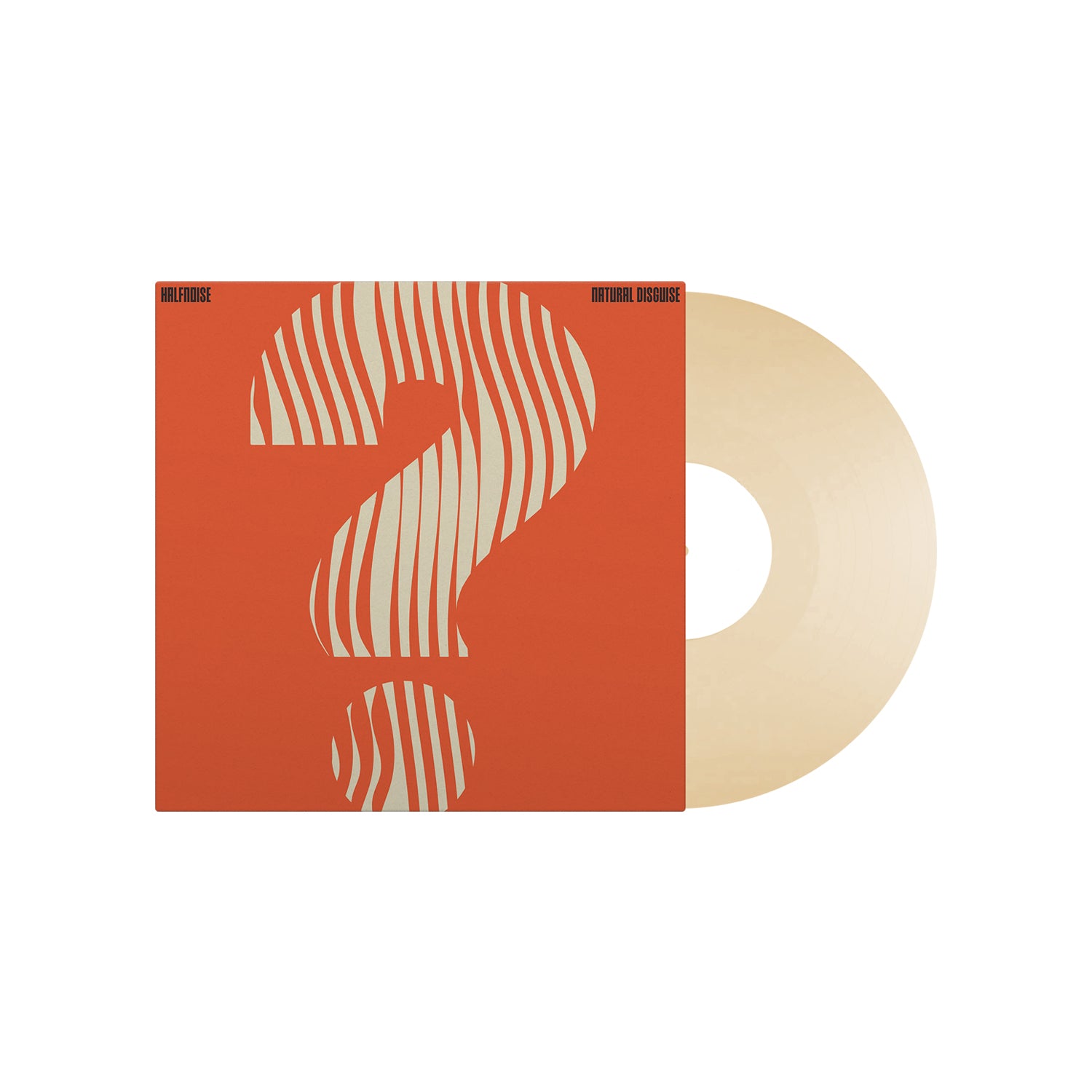 image of a creme colored vinyl record on the right and the album cover for halfnoise natural disguise on the left. cover is orange with a striped question mark