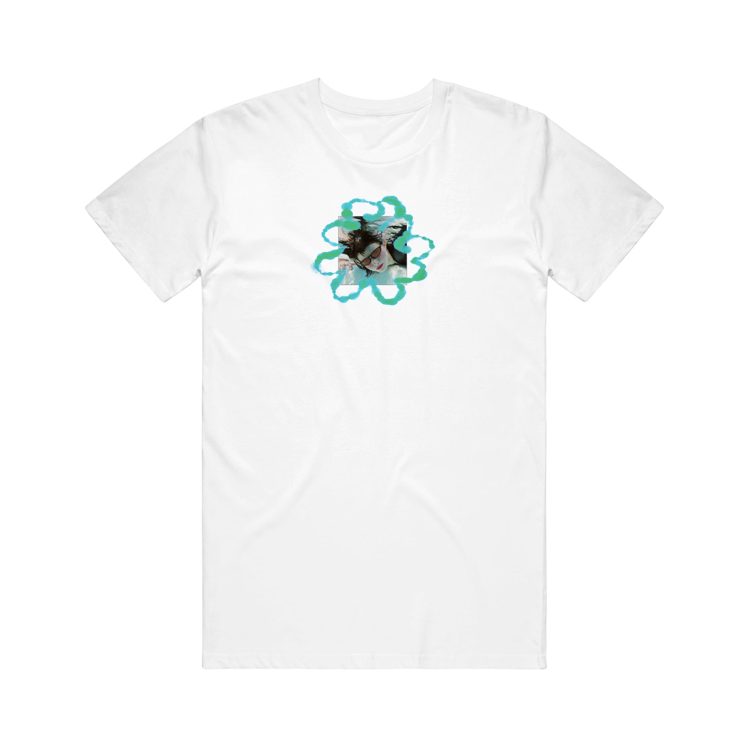 image of the front of a white tee shirt on a white background. tee has a small center chest print of a girls face underwater with green bubbles around her.