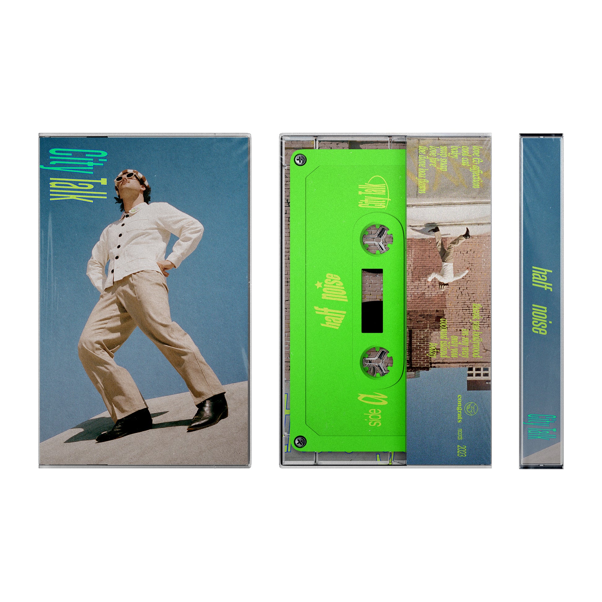 A lime green Halfnoise cassette tape and case. The cover features a person in a white shirt and beige pants, hands on hips. Both the tape label and case side read Halfnoise. Pre-order now before the November 17th release date.