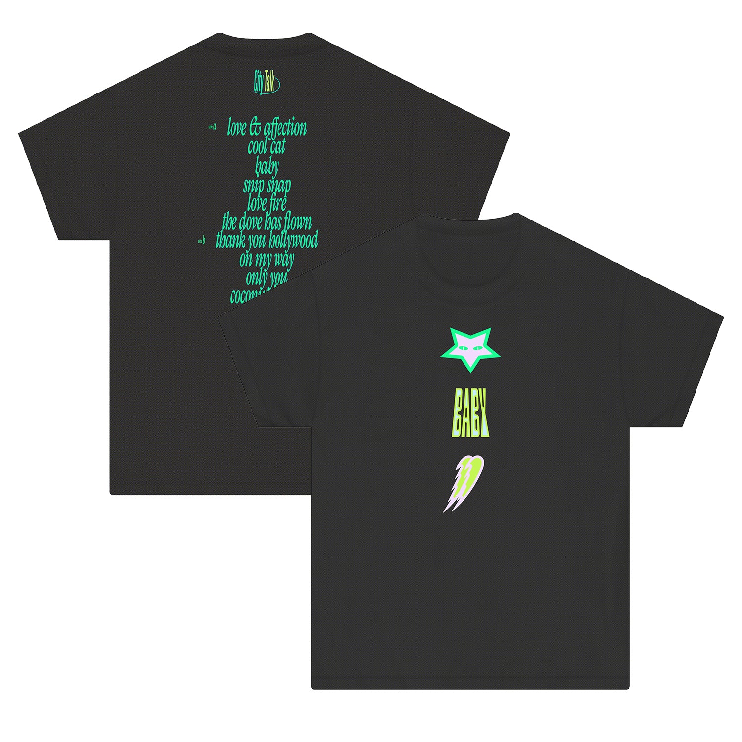 This black Halfnoise Comfort Colors tee features neon green and yellow graphics—a stylized fox head, BABY text, and wings on the front, with song titles or phrases in matching colors printed on the back.