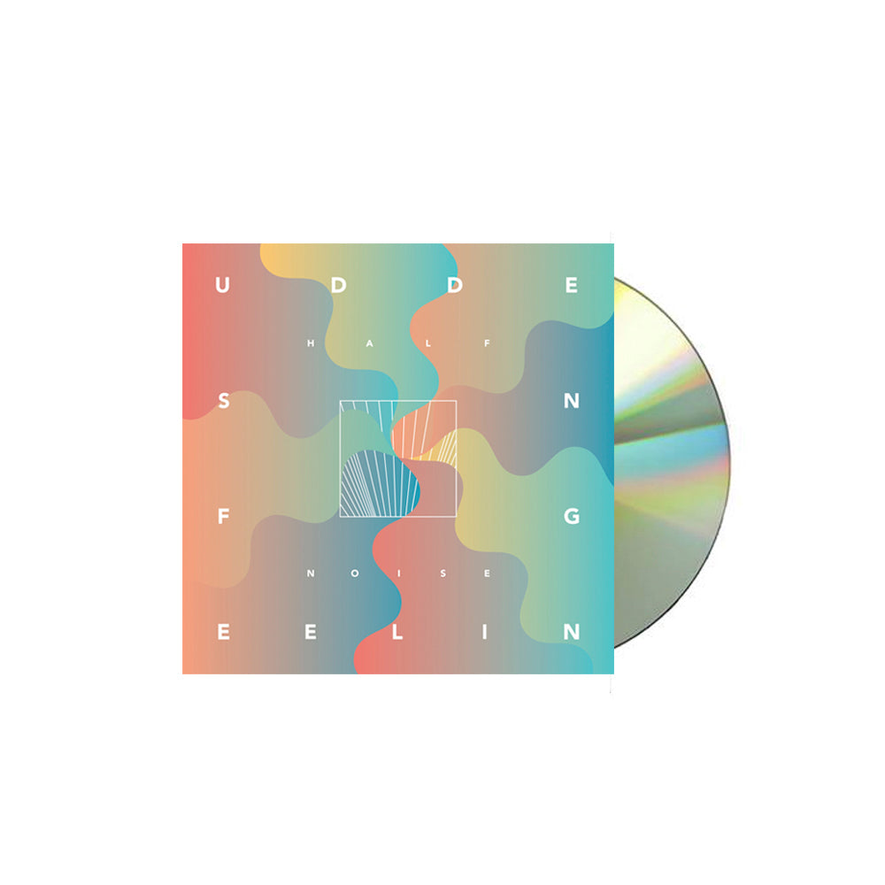 image of a cd on the right and the album cover for halfnoise sudden feeling on the left. cover is wave like design in different shades of red, blue & green. spaced out in white is the album name