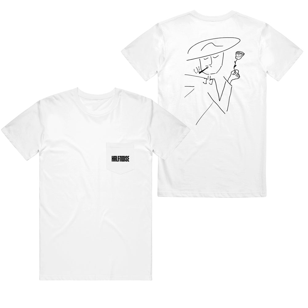 image of the front and back of a white tee shirt on a white background. front is on the left and has a small print in black on the chest pocket that says halfnoise. the back is on the right and has an outline sketch of a person in a hat, smoking holding a rose