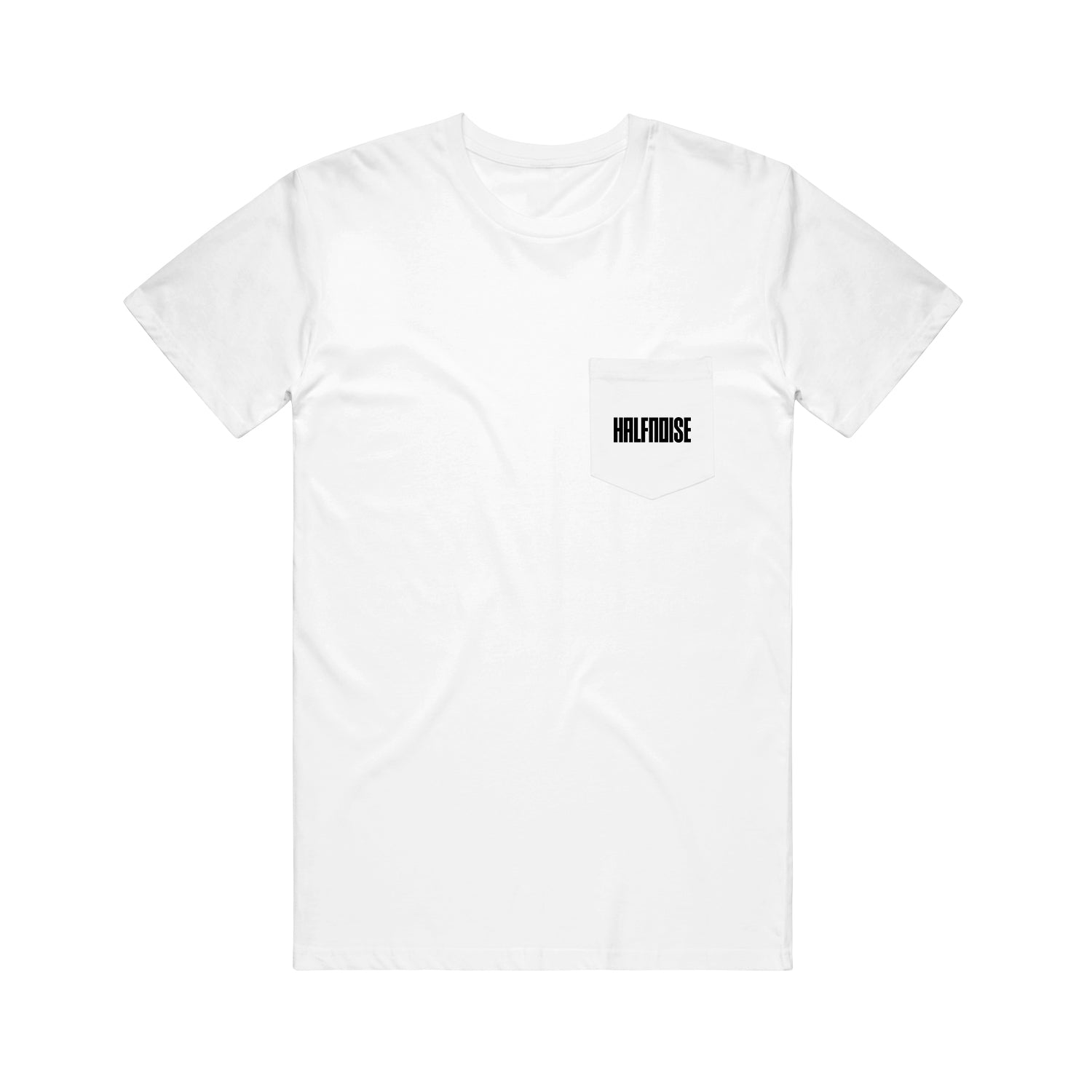 image of the front of a white tee shirt on a white background. tee has a small print in black on the chest pocket that says halfnoise.