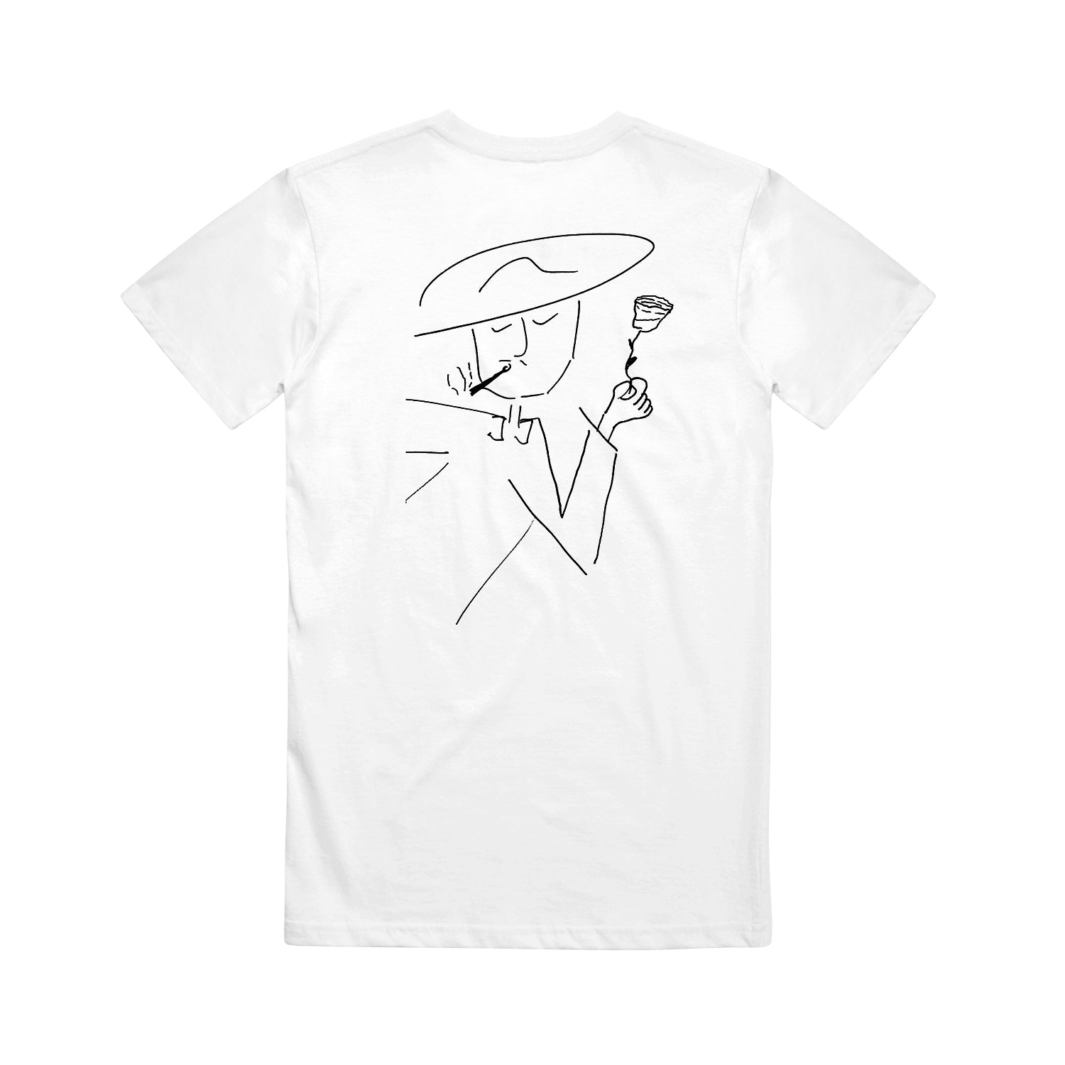 image of the back of a white tee shirt on a white background. tee has an outline sketch of a person in a hat, smoking holding a rose