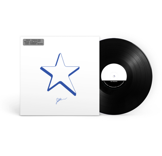 A black vinyl record partially slides out of a white sleeve adorned with a blue outlined star and a small signature below, while the corner label reads Josh Gilligan - Rare Summer Sounds. The track listing is elegantly printed sideways along the sleeve's edge, adding a unique lifeline to its classic design.