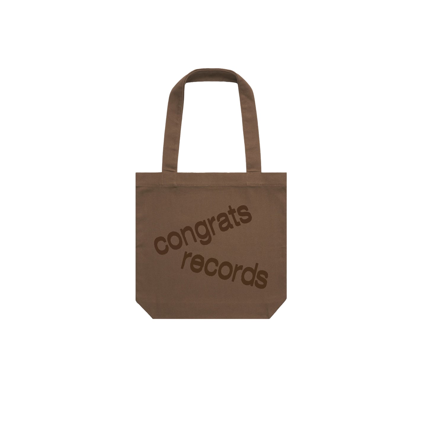 A brown tote bag from Congrats Records with their logo printed diagonally in dark brown on the front, shown on a plain white background.