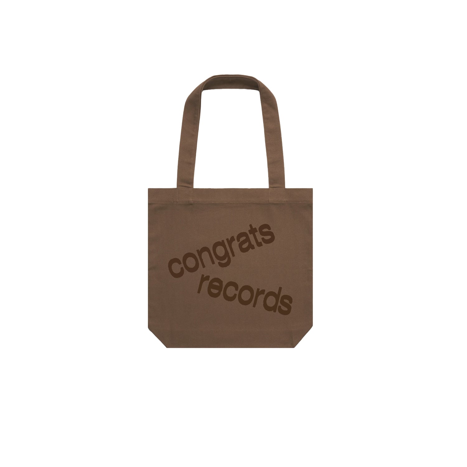 A brown tote bag from Congrats Records with their logo printed diagonally in dark brown on the front, shown on a plain white background.