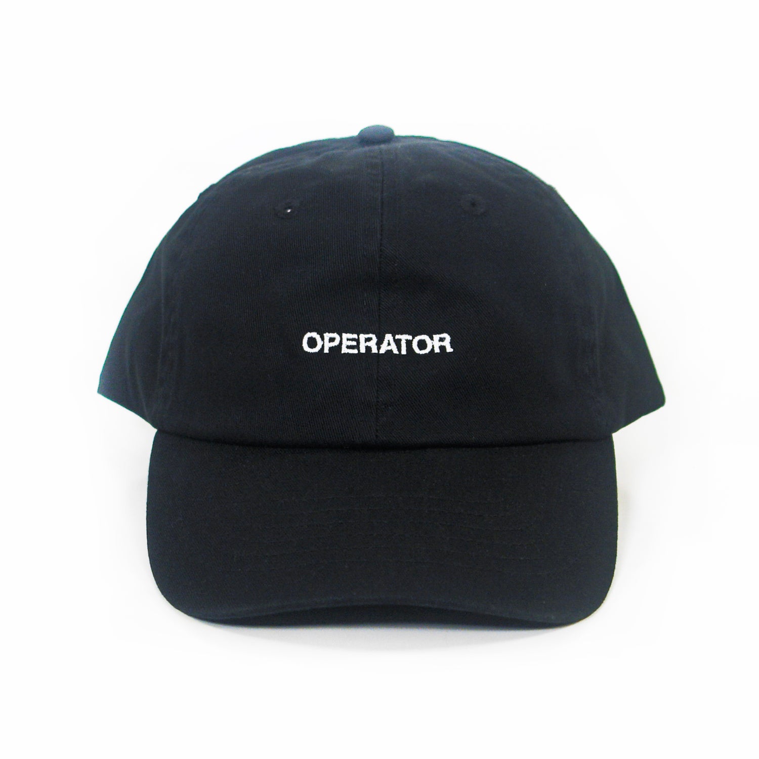 A black cotton chino twill dad hat by Zac Farro, featuring "OPERATOR" embroidered in white uppercase letters on the front, displayed against a plain white background.