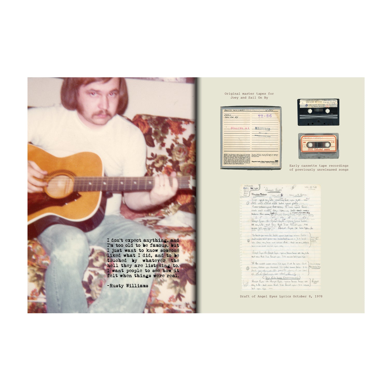 A man with shoulder-length hair and a mustache plays an acoustic guitar on a floral couch. Next to him are vintage cassette tapes, handwritten lyric notes, a zine, and a typed quote by Rusty Williams from Congrats Records.