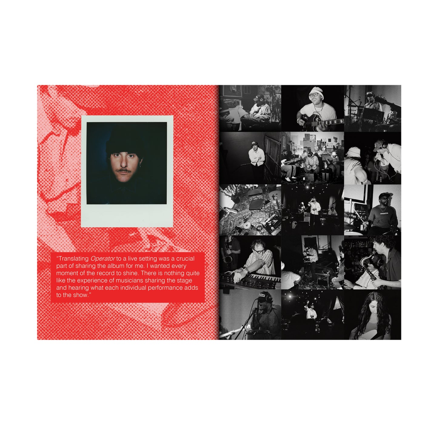 An open Congrats Records zine shows a page with a polaroid photo of a man in a hat and a quote on red, opposite recent projects—a grid of black-and-white photos of musicians playing instruments in the studio.