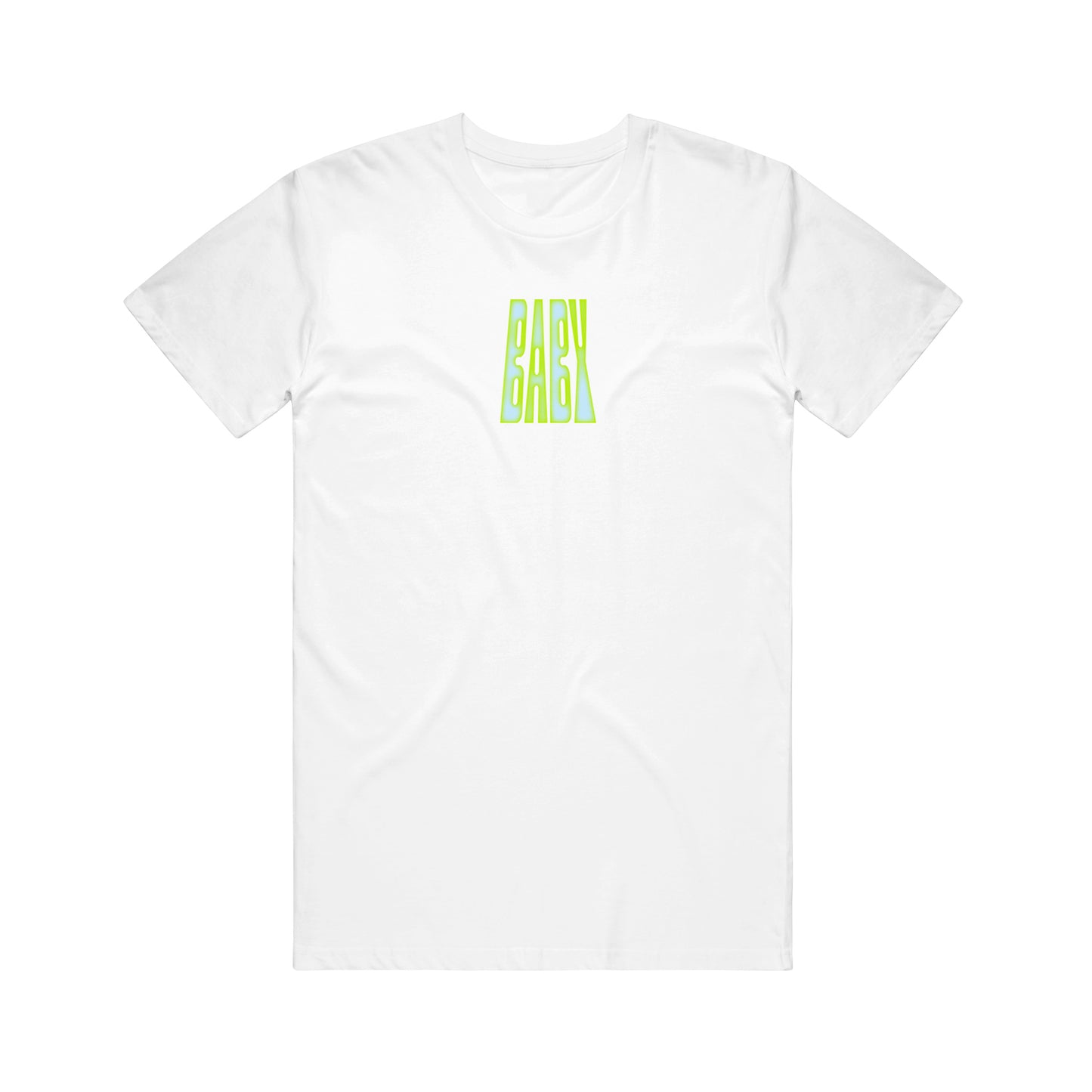 image of the front of a white tee shirt on a white background. tee has a small center chest print in blue and neon green that says baby.