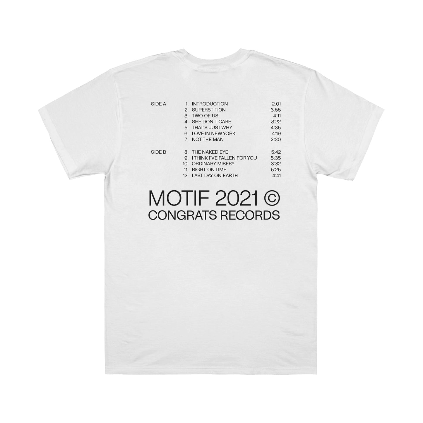 image of the back of a white tee shirt on a white background. tee has back print in black that has the tracklist to the Motif album released in 2021 on congrats records