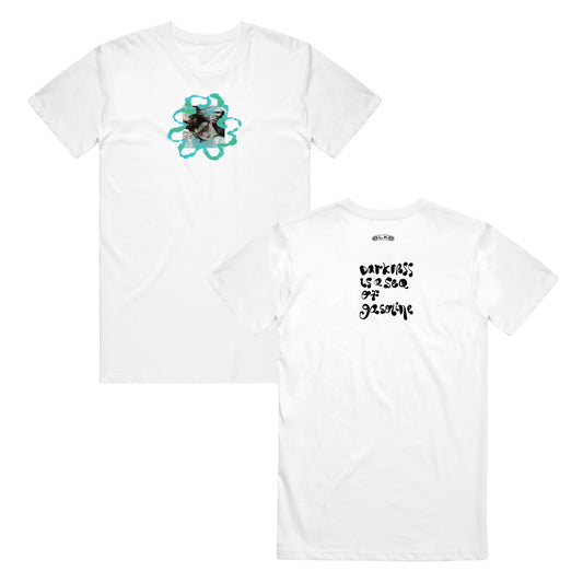 image of the front and back of a white tee shirt on a white background. front is on the left and has a small center chest print of a girls face underwater with green bubbles around her. the back is on the right and has a small center print in black that says darkness is a sea of gasoline