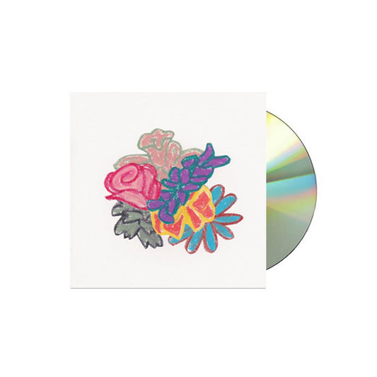 image of a cd on the right and the album cover for halfnoise flowerss on the left. cover is white with handdrawn and colored flowers