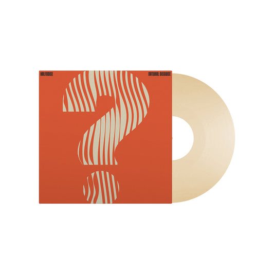 image of a creme colored vinyl record on the right and the album cover for halfnoise natural disguise on the left. cover is orange with a striped question mark 