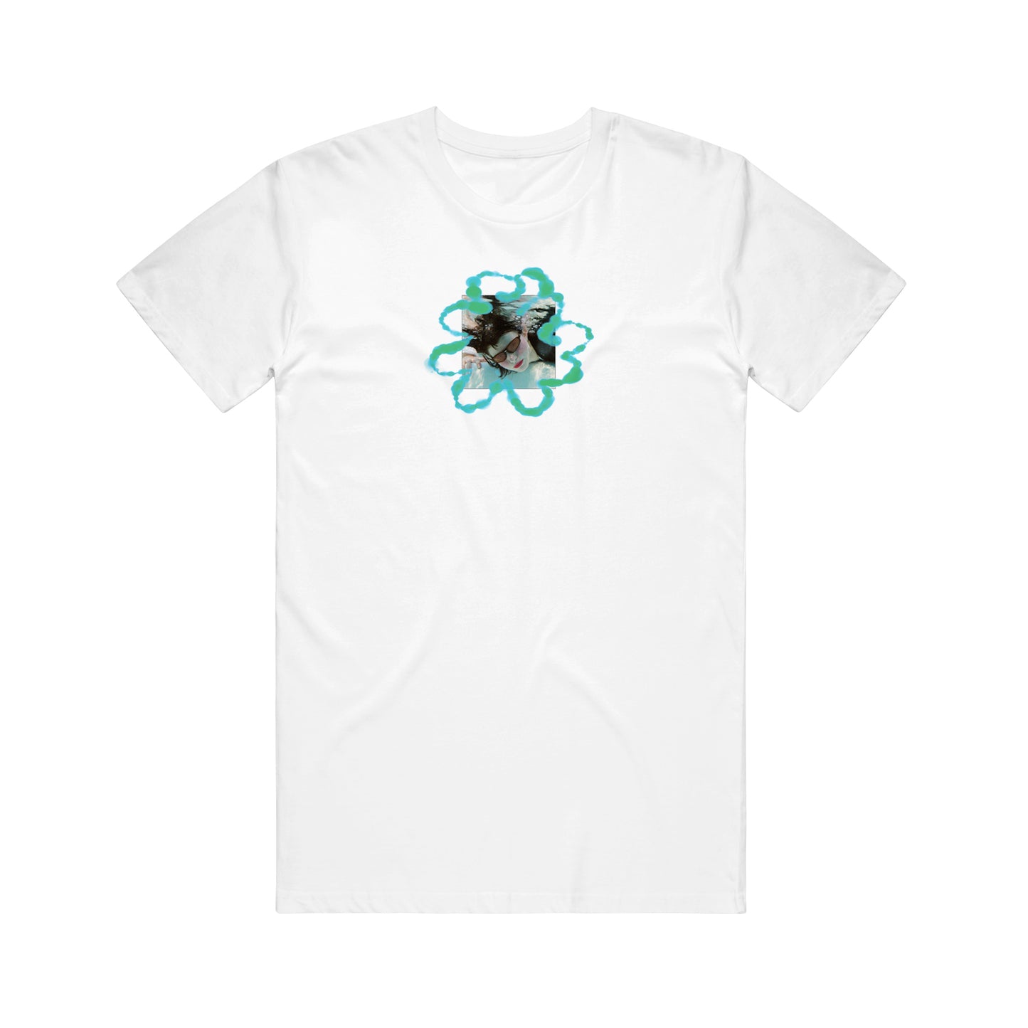 image of the front of a white tee shirt on a white background. tee has a small center chest print of a girls face underwater with green bubbles around her. 