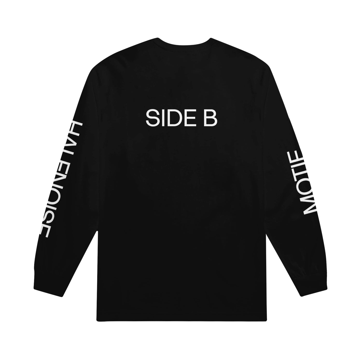 image of the back of a black long sleeve shirt on a white background. the back has a small center print in white that says SIDE B