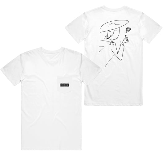 image of the front and back of a white tee shirt on a white background. front is on the left and has a small print in black on the chest pocket that says halfnoise. the back is on the right and has an outline sketch of a person in a hat, smoking holding a rose