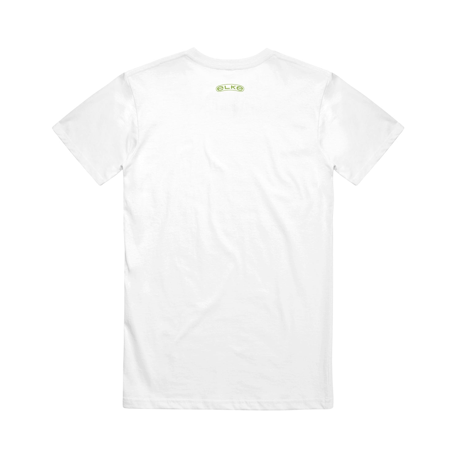 image of the back of a white tee shirt on a white background. tee  has a very small print in green at the top between the shoulders that says elke