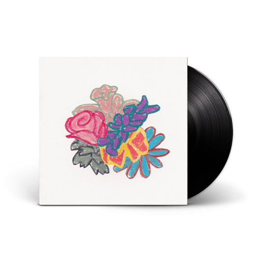 image of a black vinyl record on the right and the album cover for halfnoise flowerss on the left. cover is white with handdrawn and colored flowers